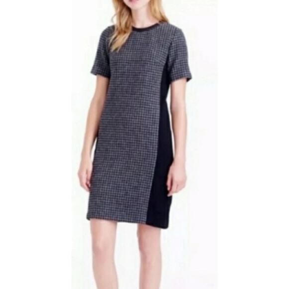 J. Crew Houndstooth Mini Shift Dress Wool Leather Women’s Black Grey Size 10 - Picture 1 of 15